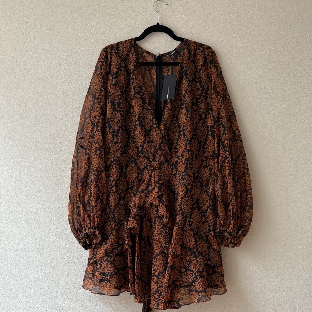 Fashion Nova Black and Brown Long Sleeve Dress